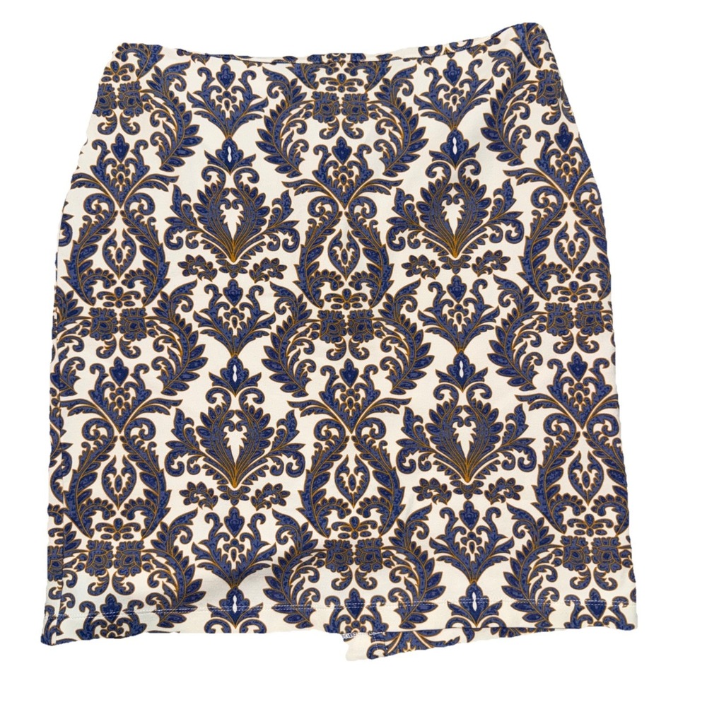 J. McLaughlin Skirt Blue Gold Cream Size 0 28" Waist Damask Pattern Preppy